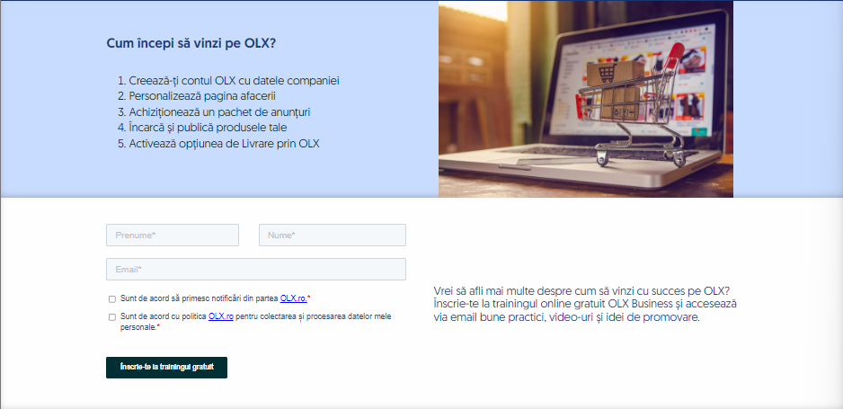 Formular de înscriere pe OLX Business